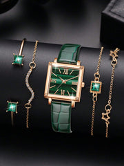 Ladies' 5-Piece Retro Square Dial Quartz Watch Bracelet Set