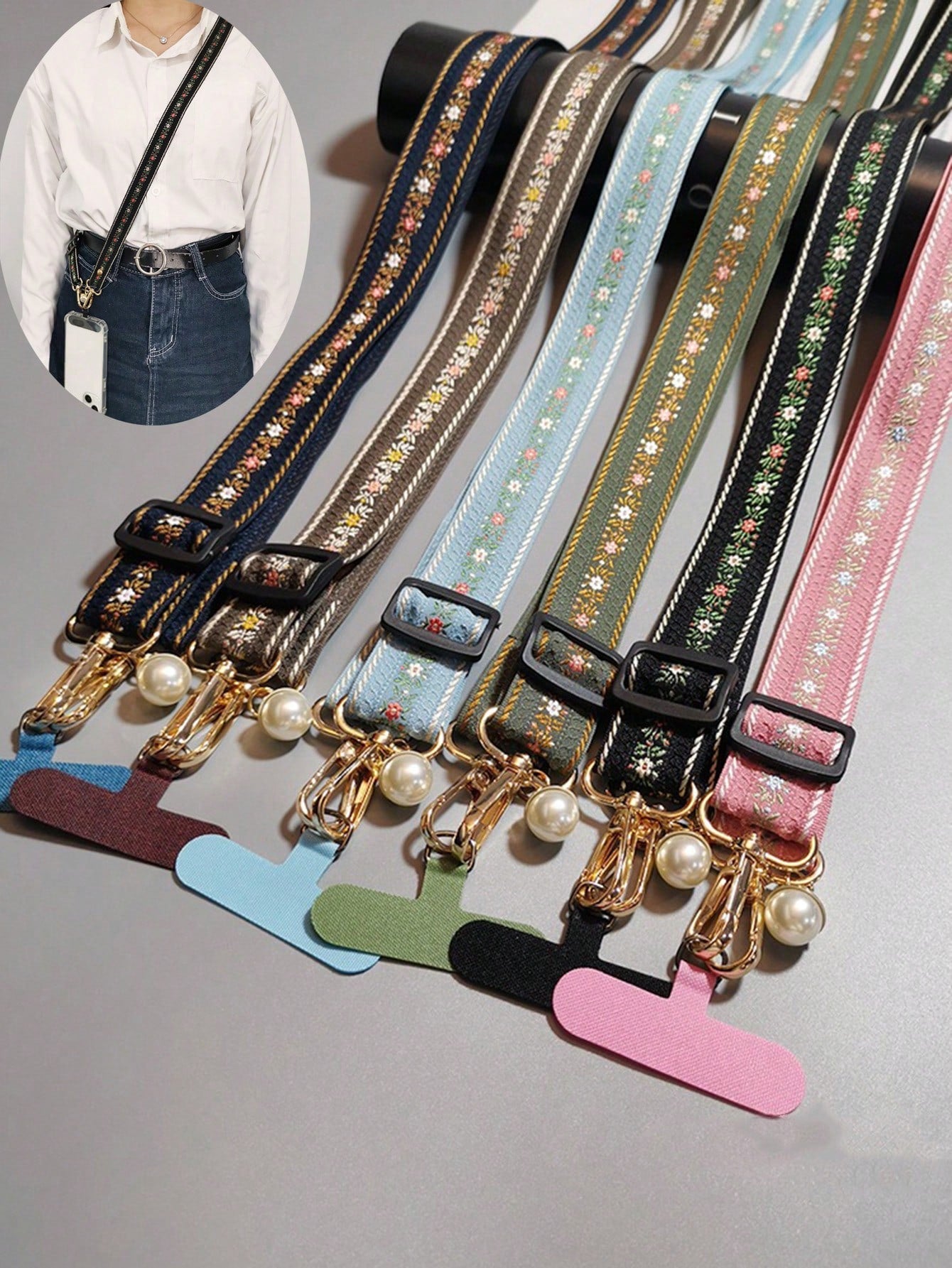 Cute Floral Crossbody Phone Lanyard Rope with Pearl Pendant