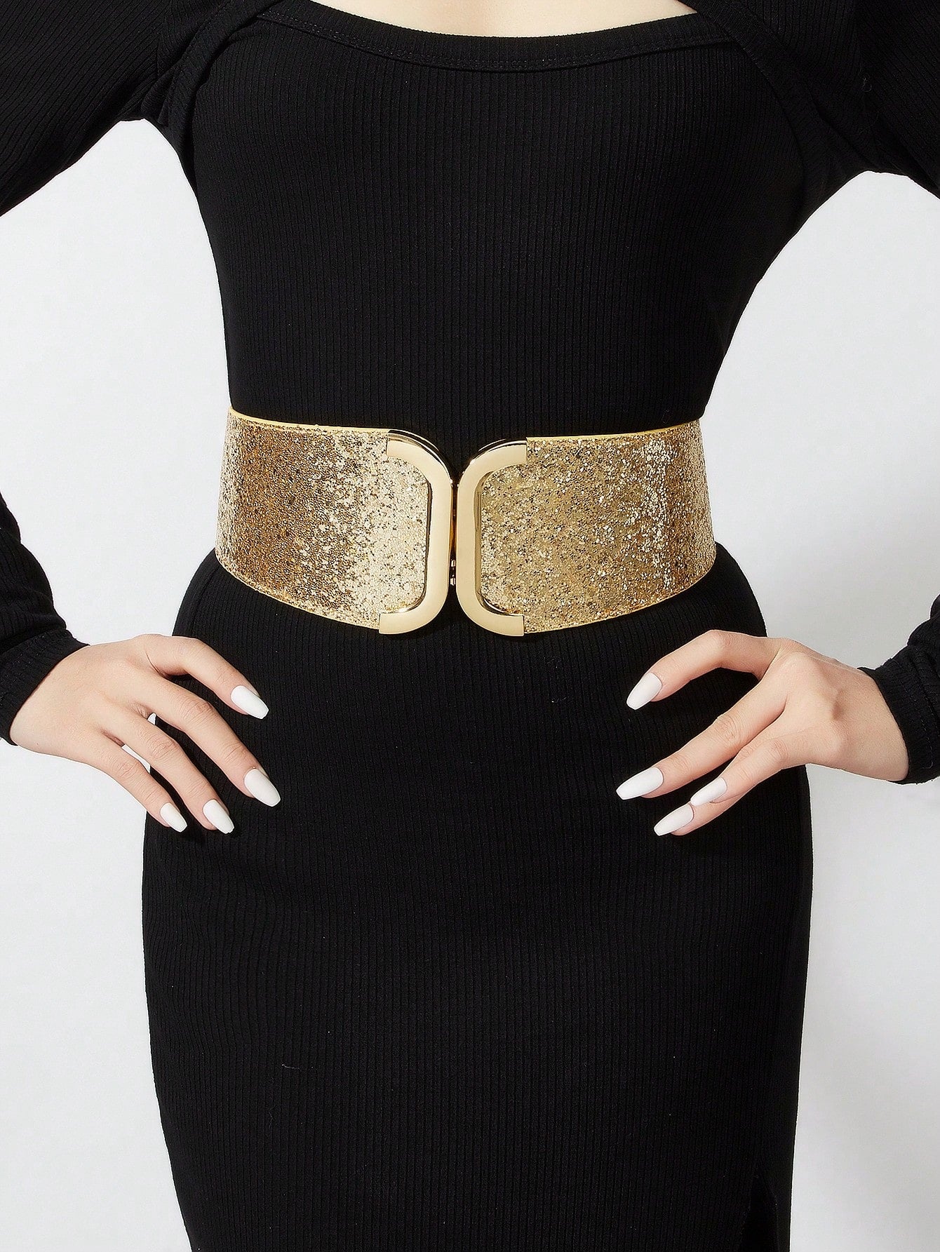 Shein Women's Elastic Waist Belt Symmetrical Buckle Textured Pattern Gold