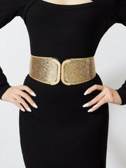 Shein Women's Elastic Waist Belt Symmetrical Buckle Textured Pattern Gold