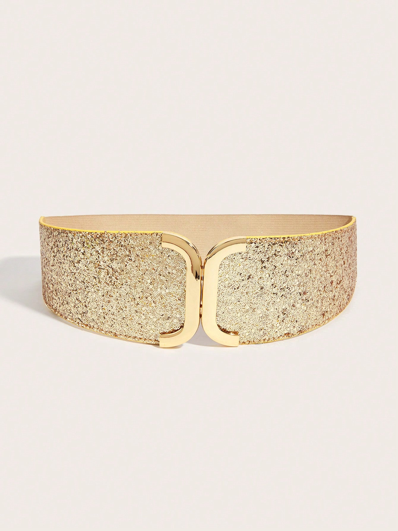 Shein Women's Elastic Waist Belt Symmetrical Buckle Textured Pattern Gold