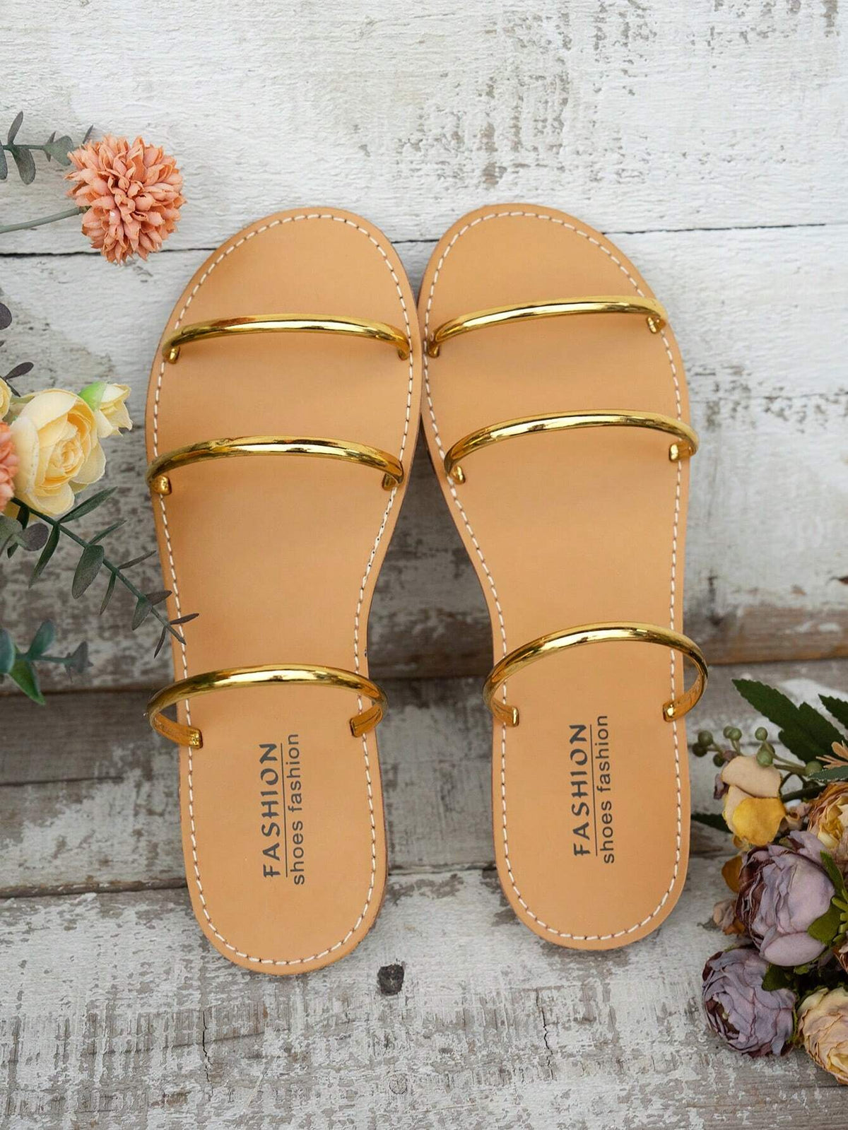 SHEIN Minimalist Women's Flat Sandals Gold Round Toe Lightweight