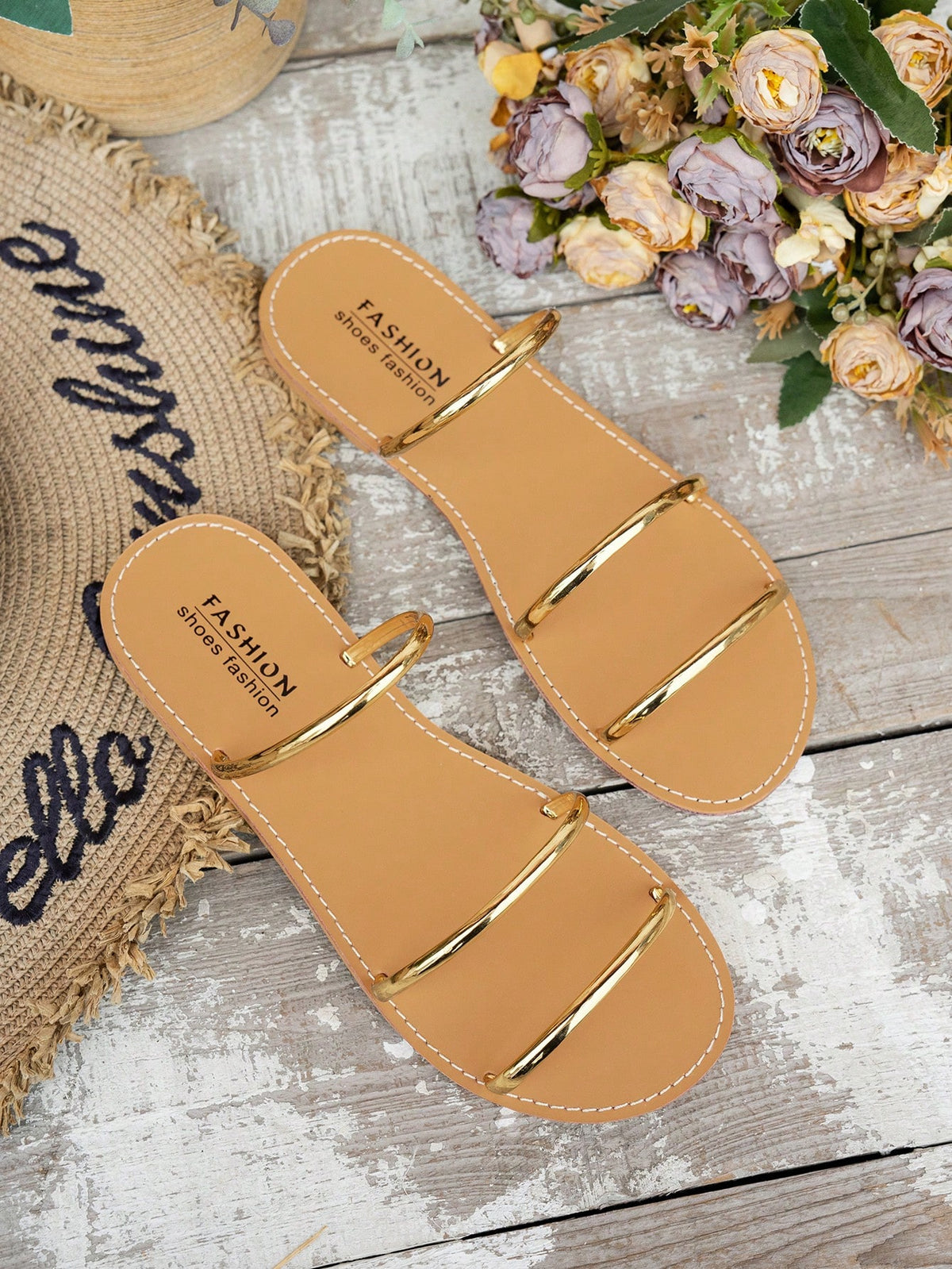 SHEIN Minimalist Women's Flat Sandals Gold Round Toe Lightweight