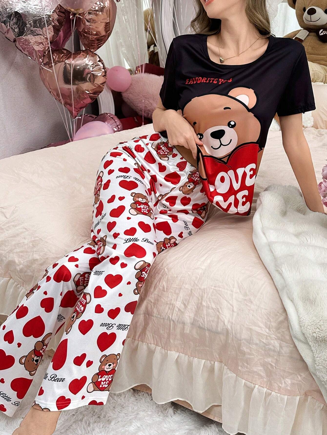 Women's Valentine's Day Heart Print Colorblock Short Sleeve Pajama Set