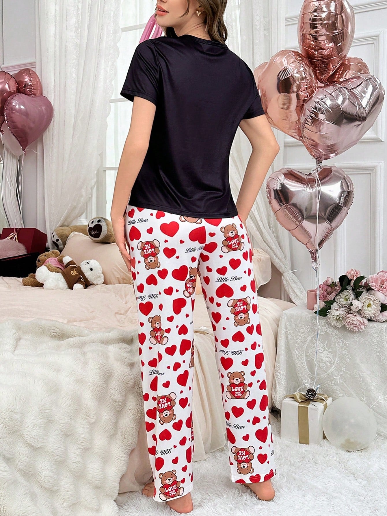 Women's Valentine's Day Heart Print Colorblock Short Sleeve Pajama Set