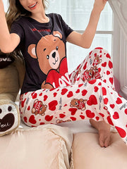 Women's Valentine's Day Heart Print Colorblock Short Sleeve Pajama Set