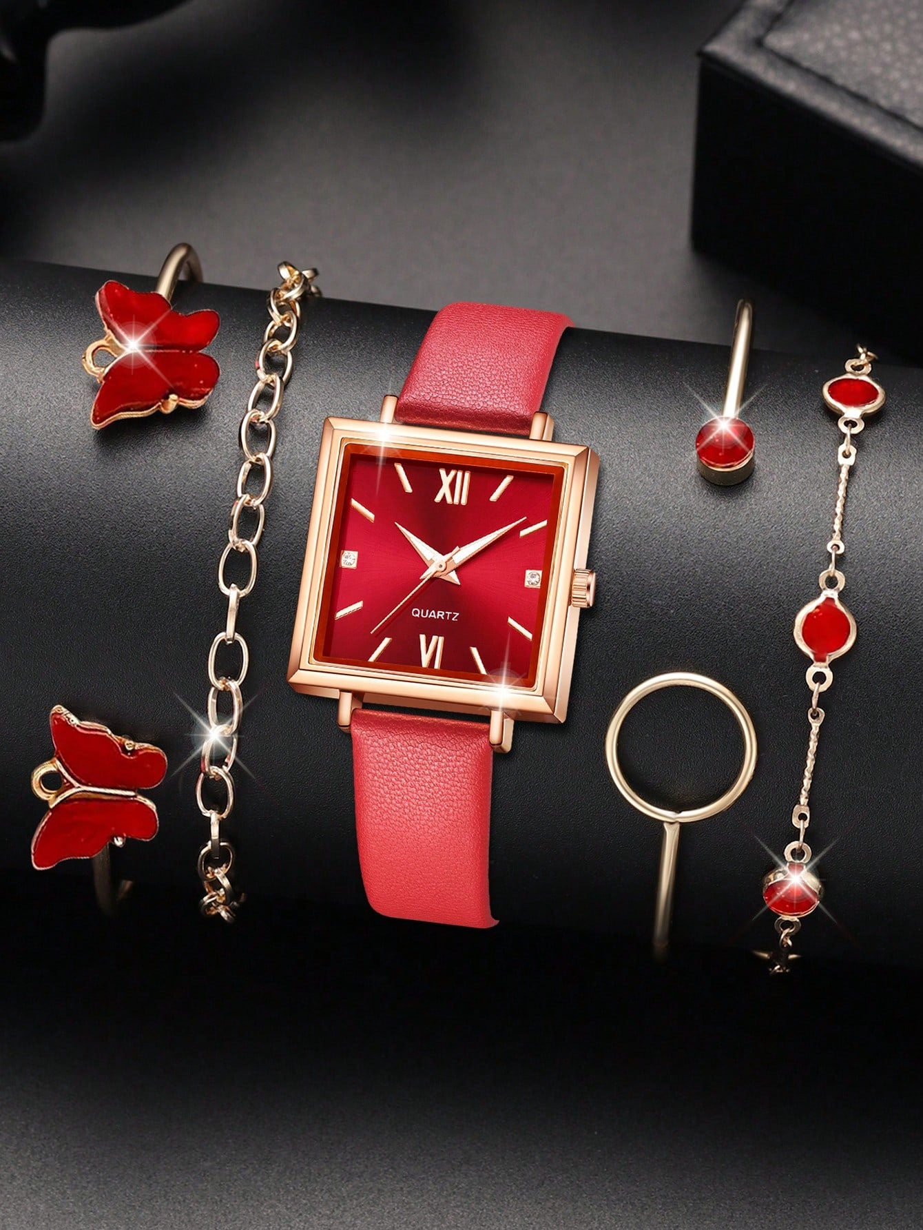Ladies' 5-Piece Retro Square Dial Quartz Watch Bracelet Set