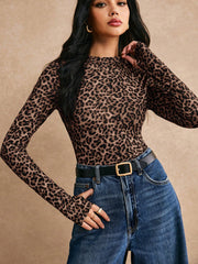 Women's Leopard Print Long Sleeve Top With Thumbholes