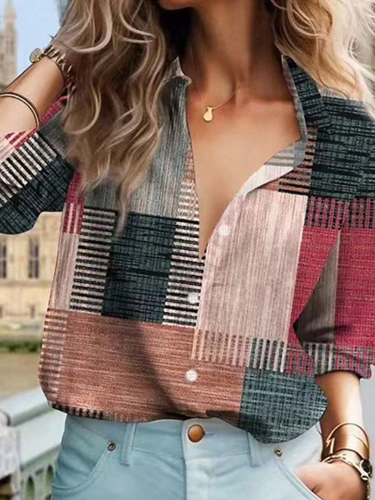 Women's Retro Color Block Button Print Long Sleeve Casual Shirt