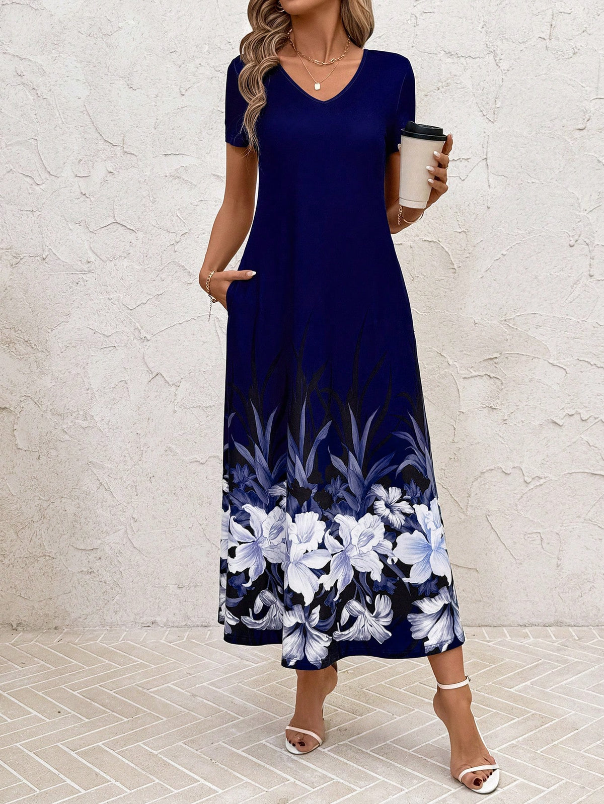 Women's Elegant V-Neck Floral Print Casual Pocket Dress