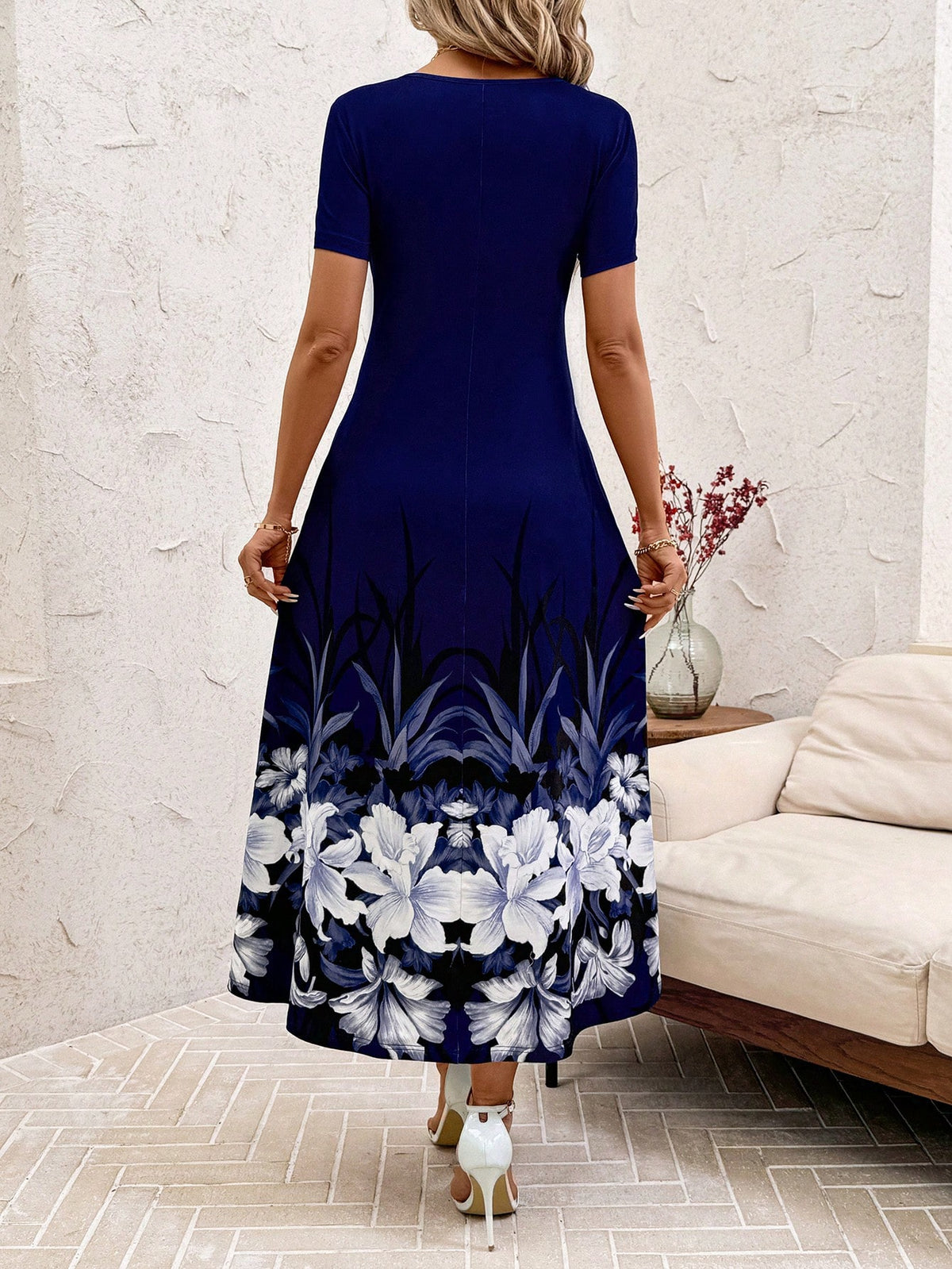 Women's Elegant V-Neck Floral Print Casual Pocket Dress