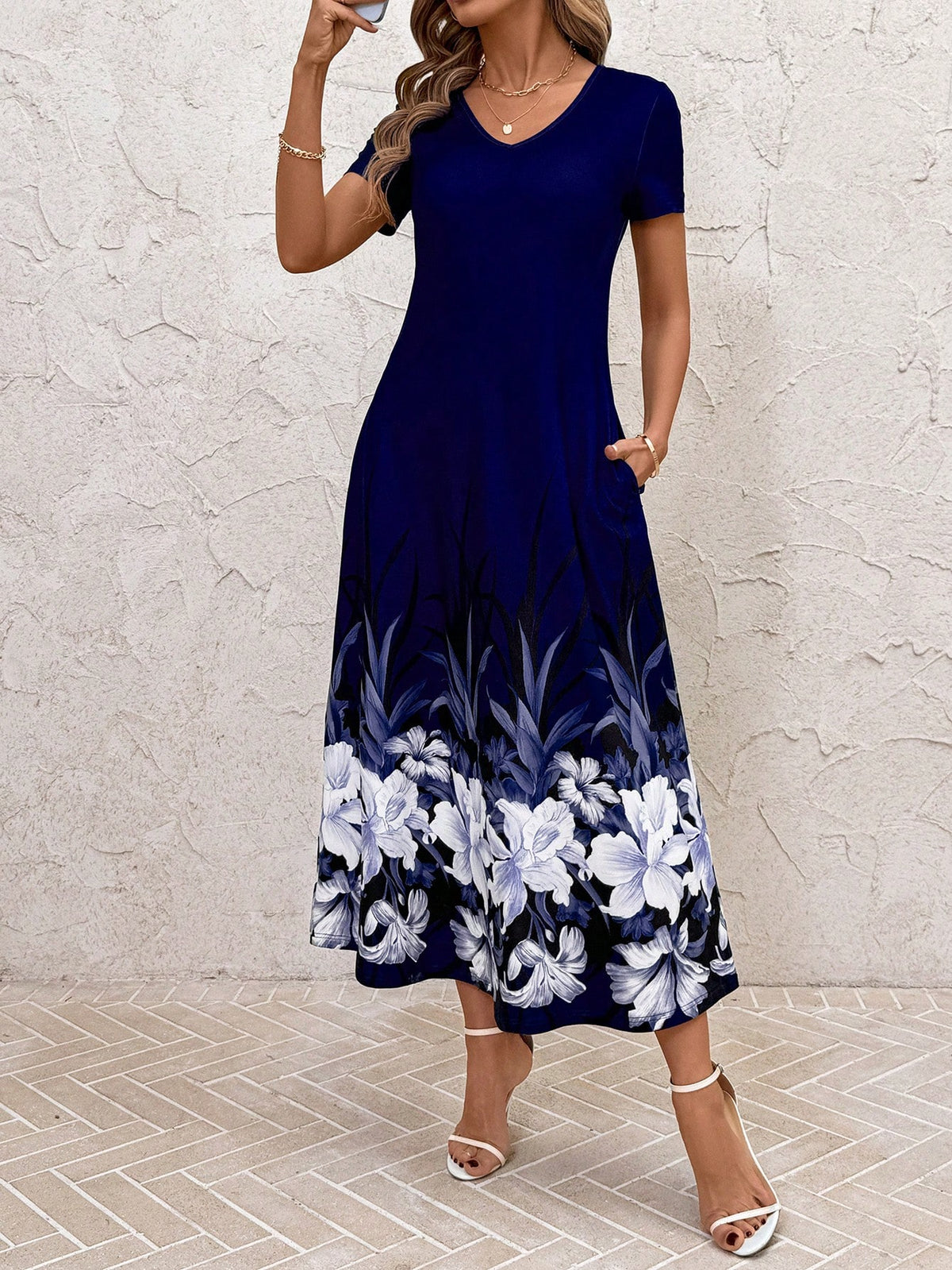 Women's Elegant V-Neck Floral Print Casual Pocket Dress