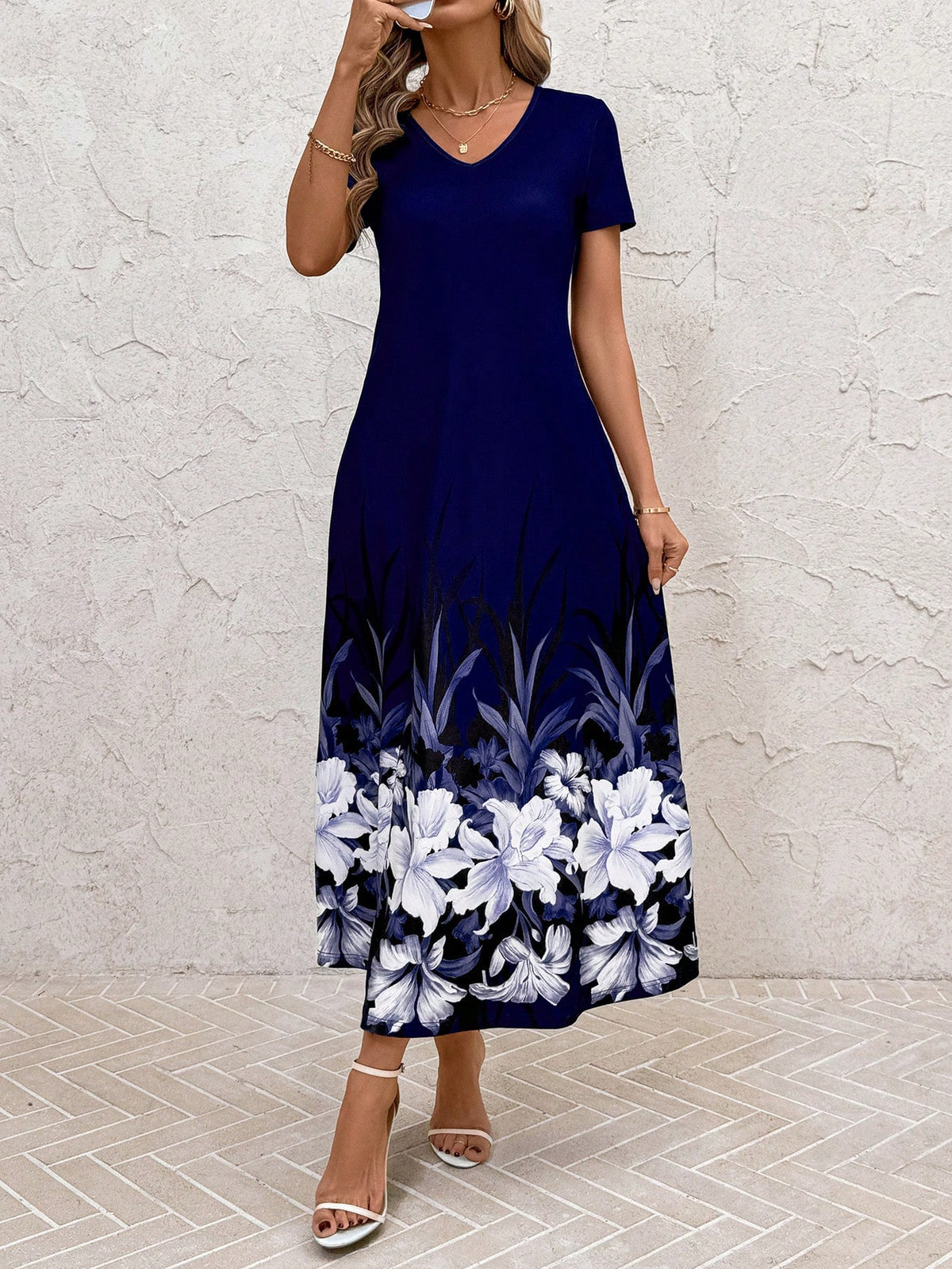 Women's Elegant V-Neck Floral Print Casual Pocket Dress
