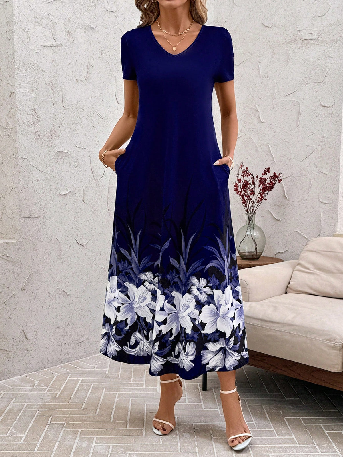 Women's Elegant V-Neck Floral Print Casual Pocket Dress
