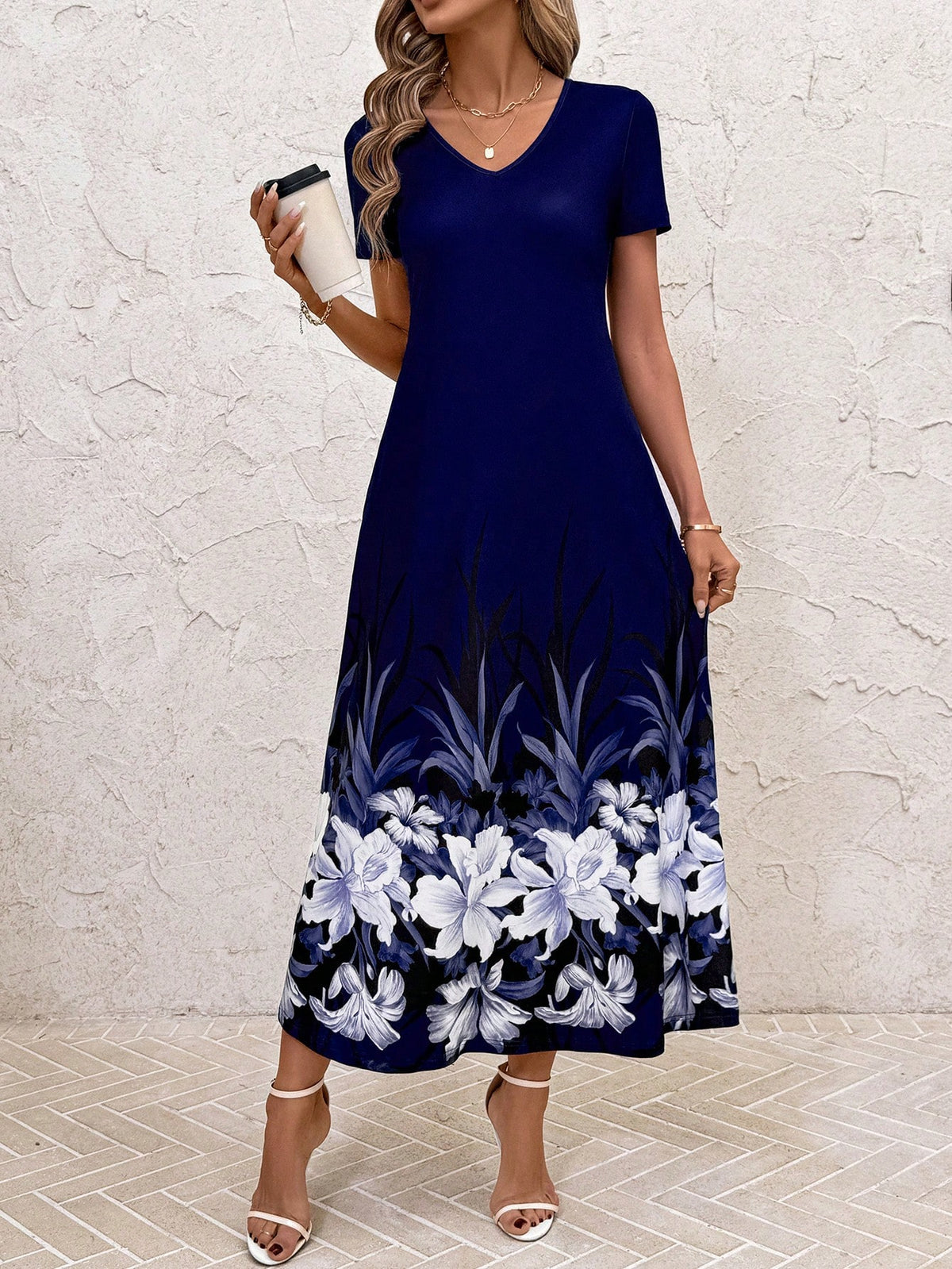 Women's Elegant V-Neck Floral Print Casual Pocket Dress