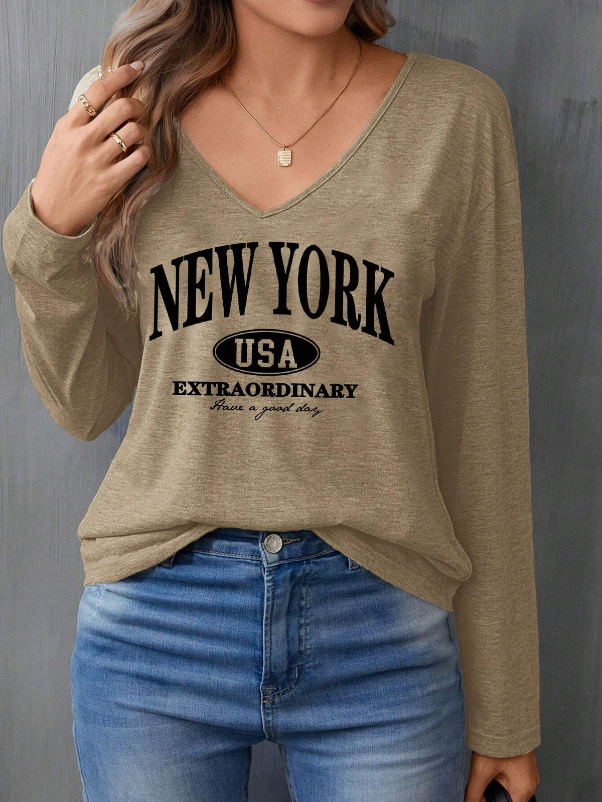 Women's New York Slogan Letter Print Relaxed V-Neck Long Sleeve T-Shirt