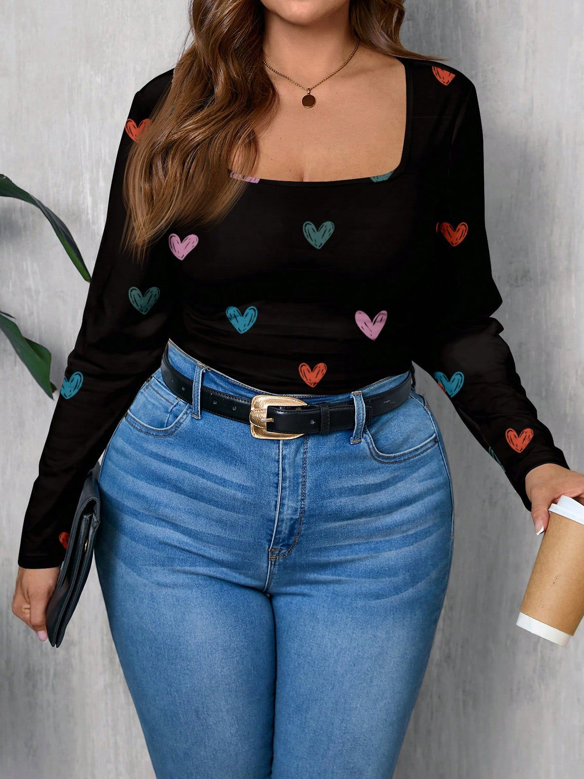 Women's Plus Size Square Neck Long Sleeve T-Shirt