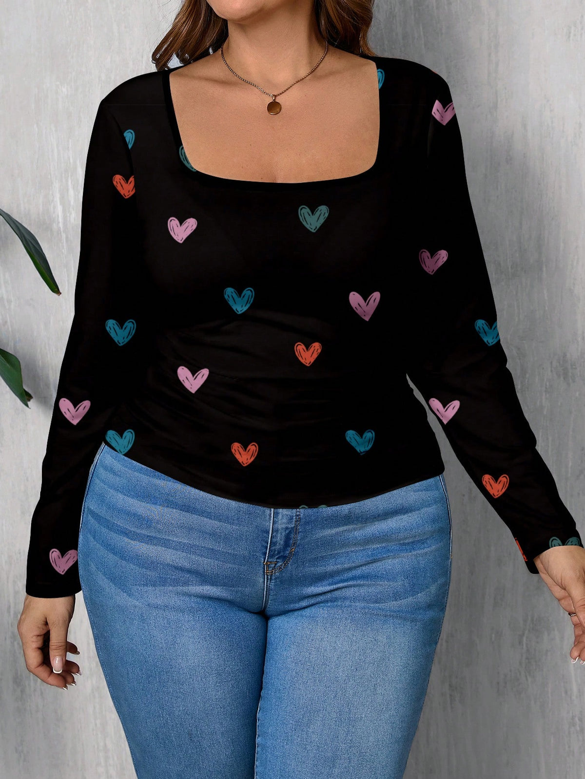 Women's Plus Size Square Neck Long Sleeve T-Shirt