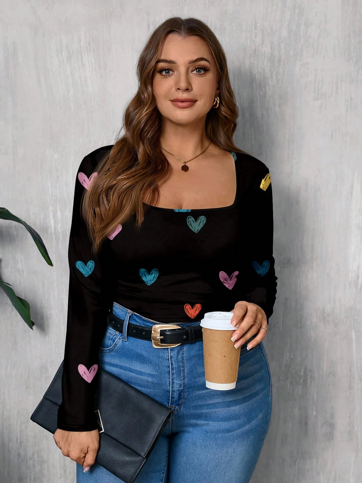 Women's Plus Size Square Neck Long Sleeve T-Shirt