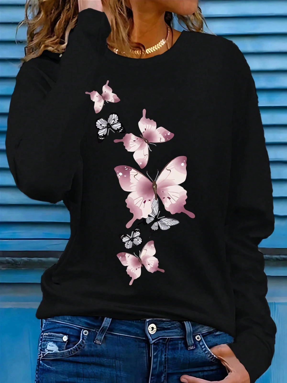 Women's Casual Butterfly Print Long Sleeve Crew Neck Top