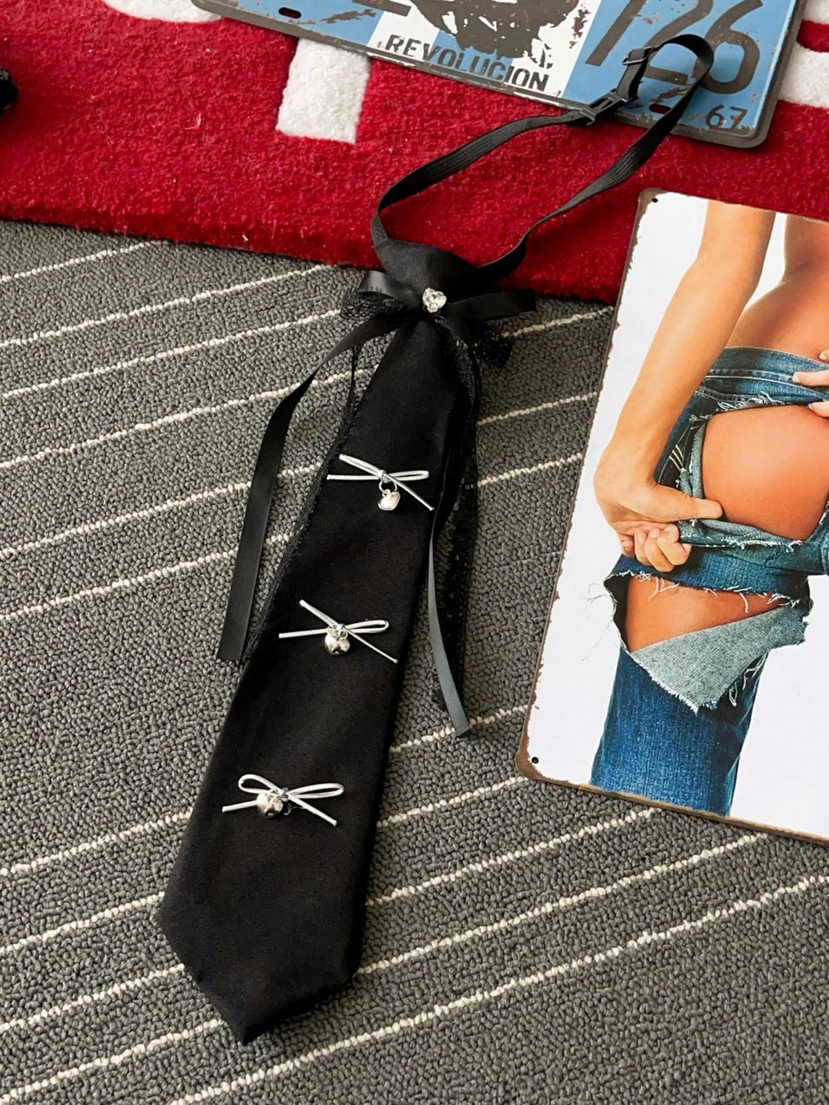 Women's Sexy Lace Small Bow Rhinestone Decorative Shirt Tie