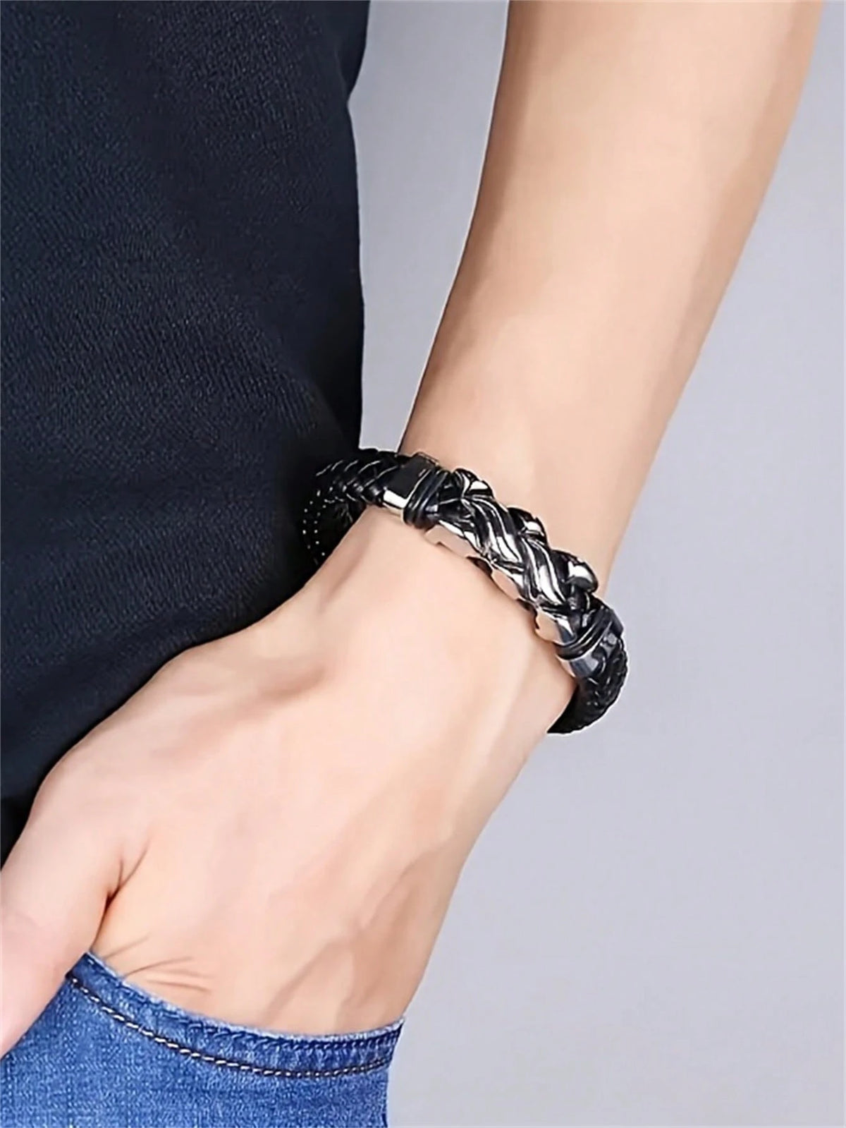 Men's Punk Black PU Leather Flame Magnetic Clasp Bracelet