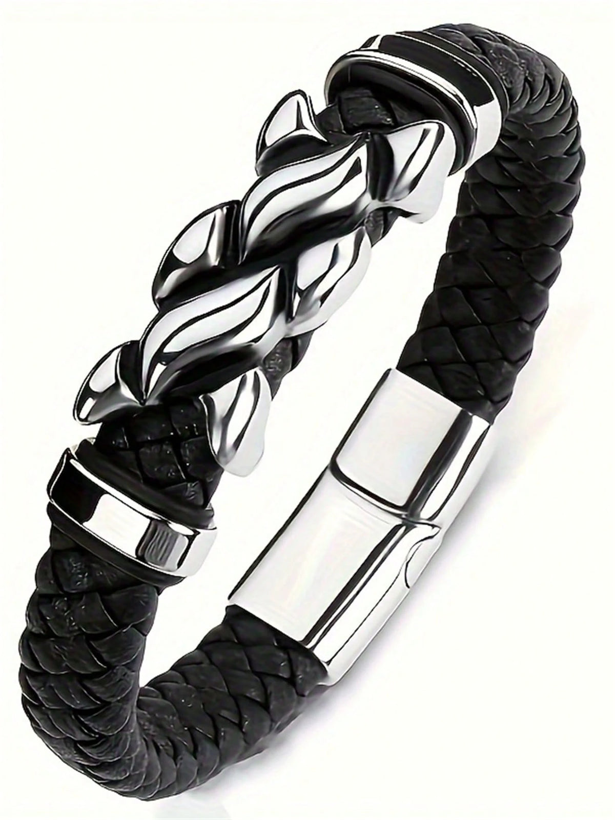 Men's Punk Black PU Leather Flame Magnetic Clasp Bracelet