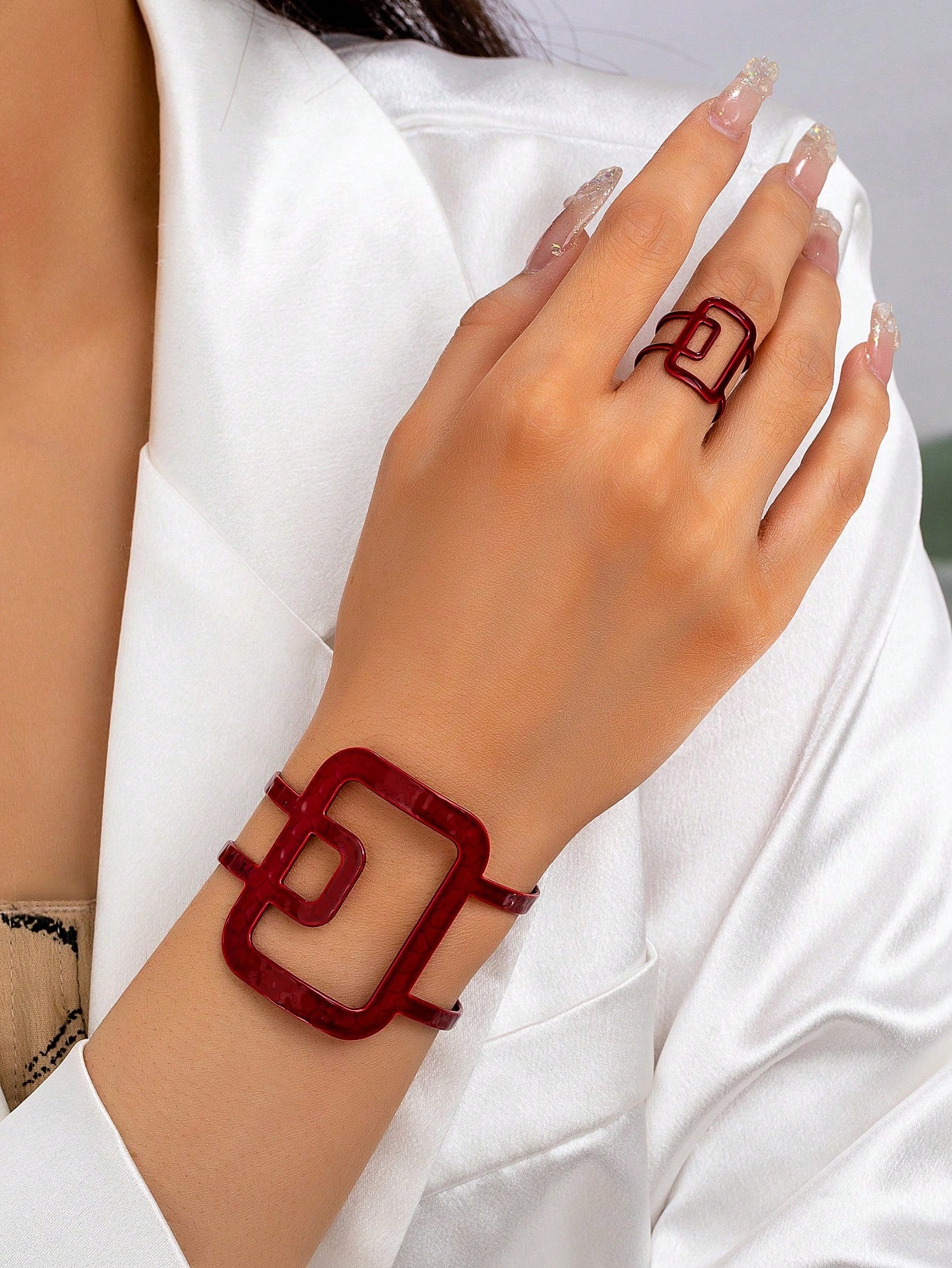 Women's Punk Hollow Geometric Adjustable Bracelet & Ring Set