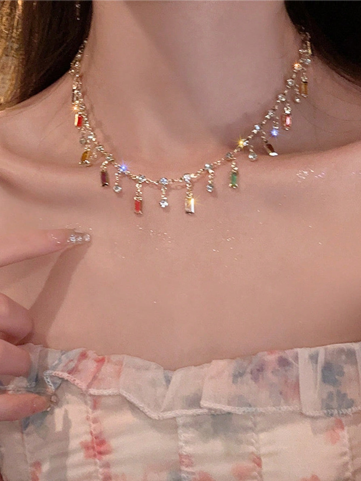 Women's Butterfly Crystal Tassel Layered Choker Necklace