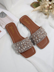 Women's Plus Size Rhinestone Decor Square Toe Casual Flat Slide Sandals