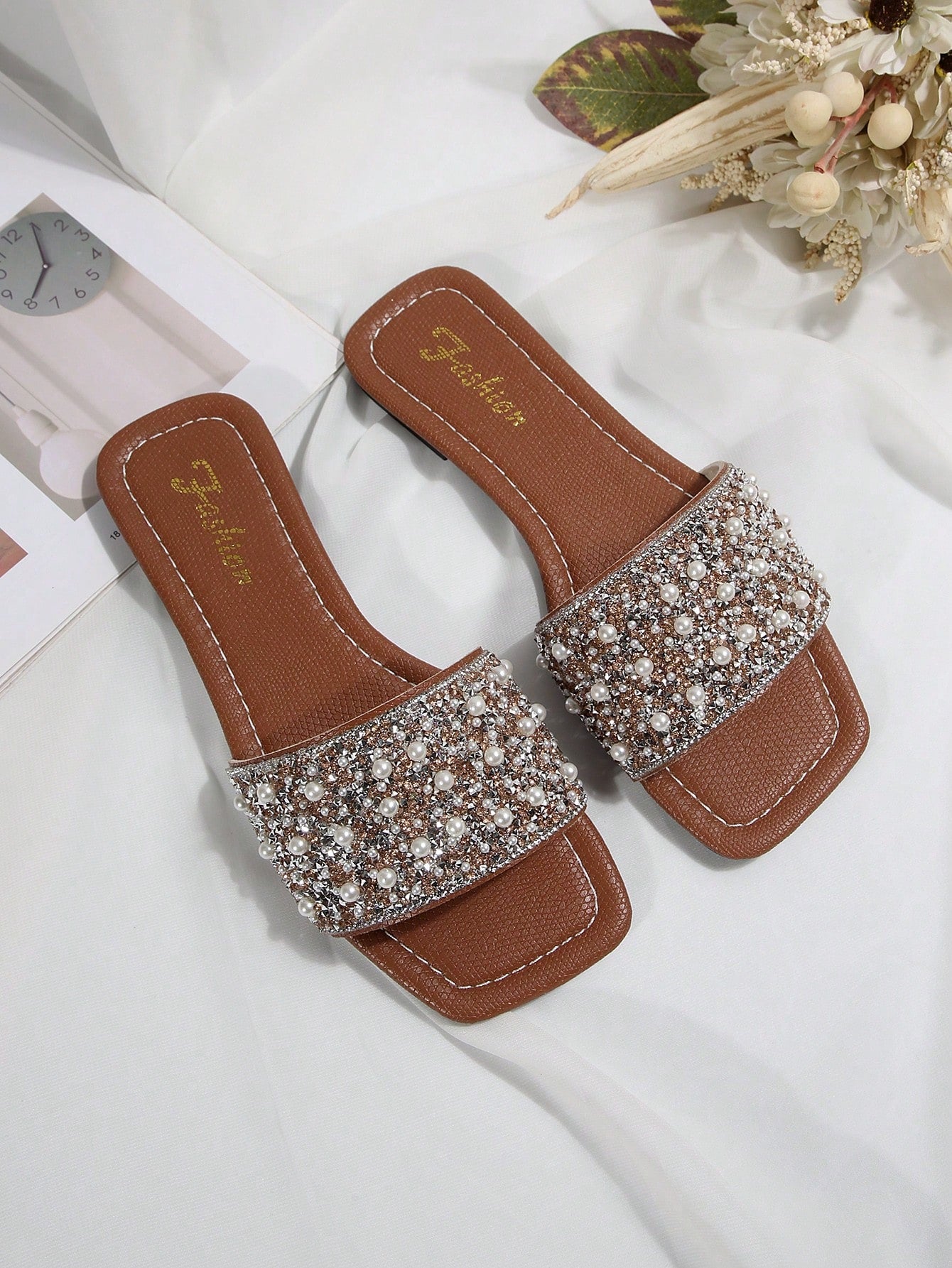 Women's Plus Size Rhinestone Decor Square Toe Casual Flat Slide Sandals