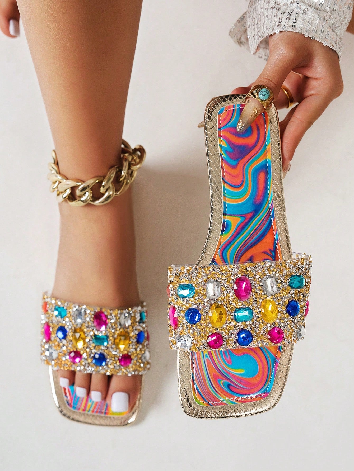 Women's Colorful Rhinestone Flat Sandals Open Toe Beach Slides Clear
