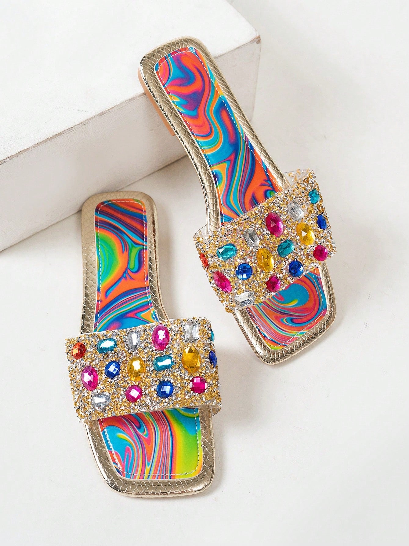 Women's Colorful Rhinestone Flat Sandals Open Toe Beach Slides Clear