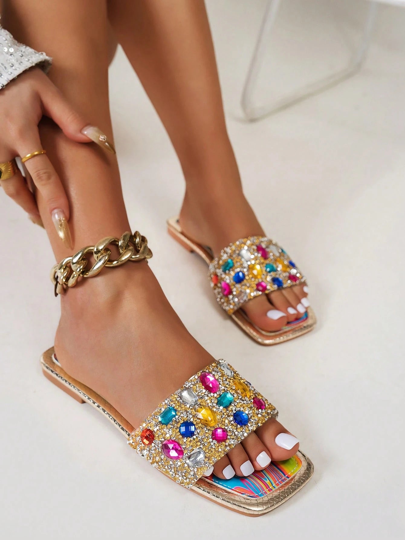 Women's Colorful Rhinestone Flat Sandals Open Toe Beach Slides Clear