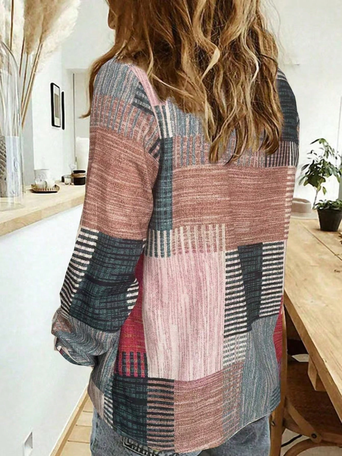 Women's Retro Color Block Button Print Long Sleeve Casual Shirt