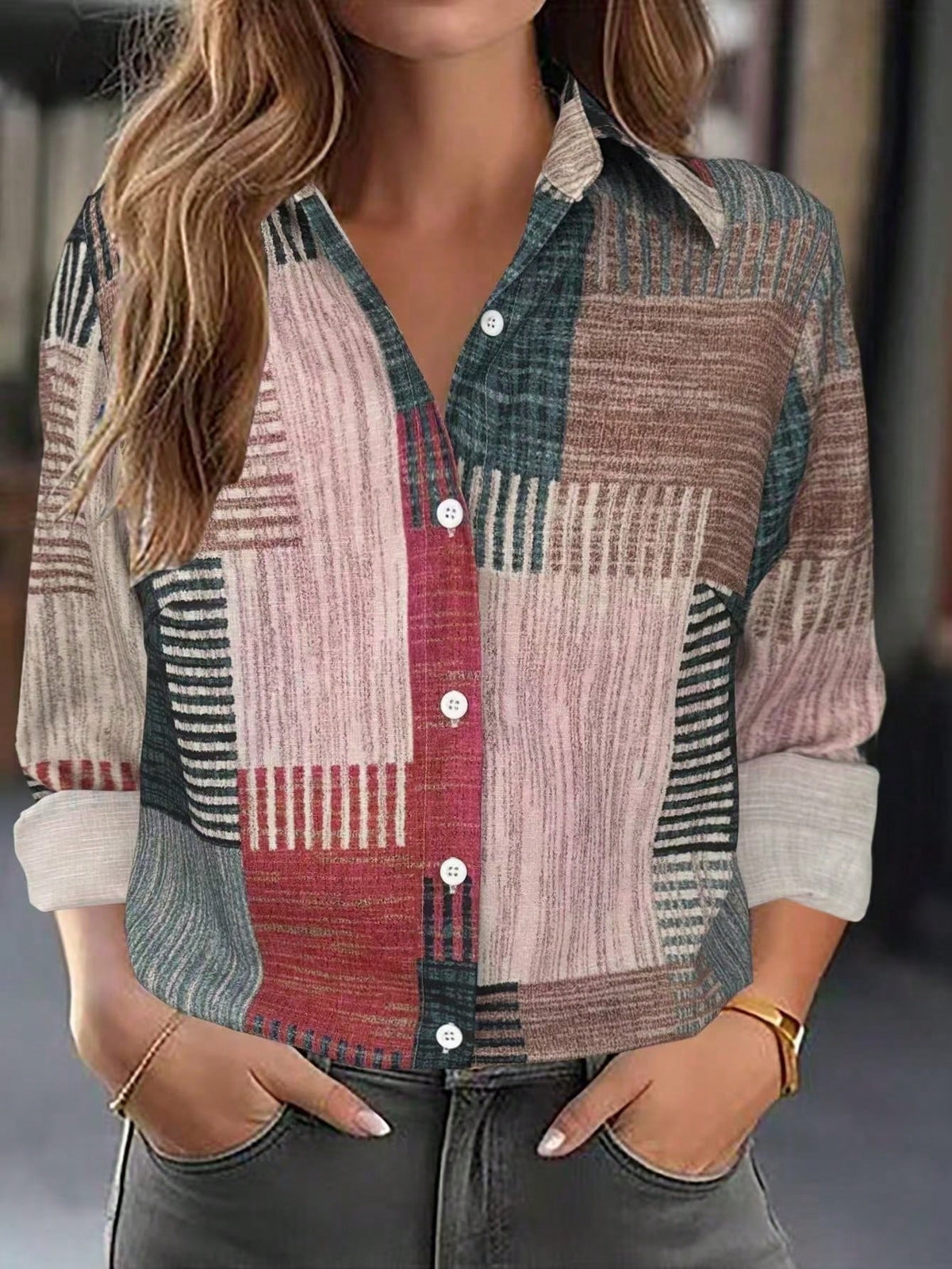 Women's Retro Color Block Button Print Long Sleeve Casual Shirt