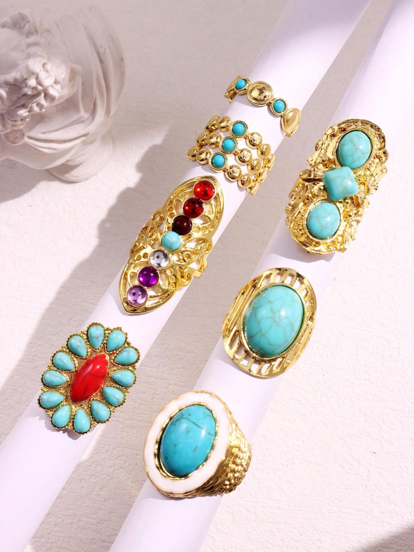 Women's Fashionable Vintage Turquoise Gold Tone 7-Piece Ring Set