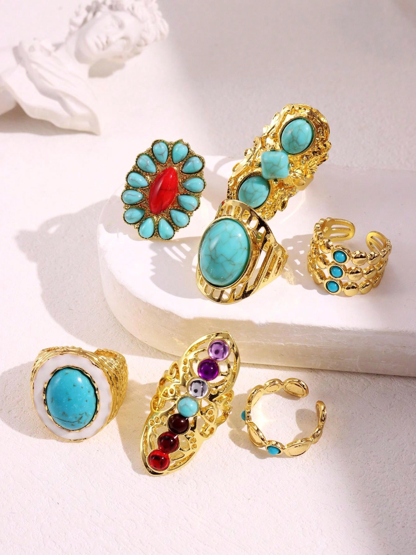 Women's Fashionable Vintage Turquoise Gold Tone 7-Piece Ring Set