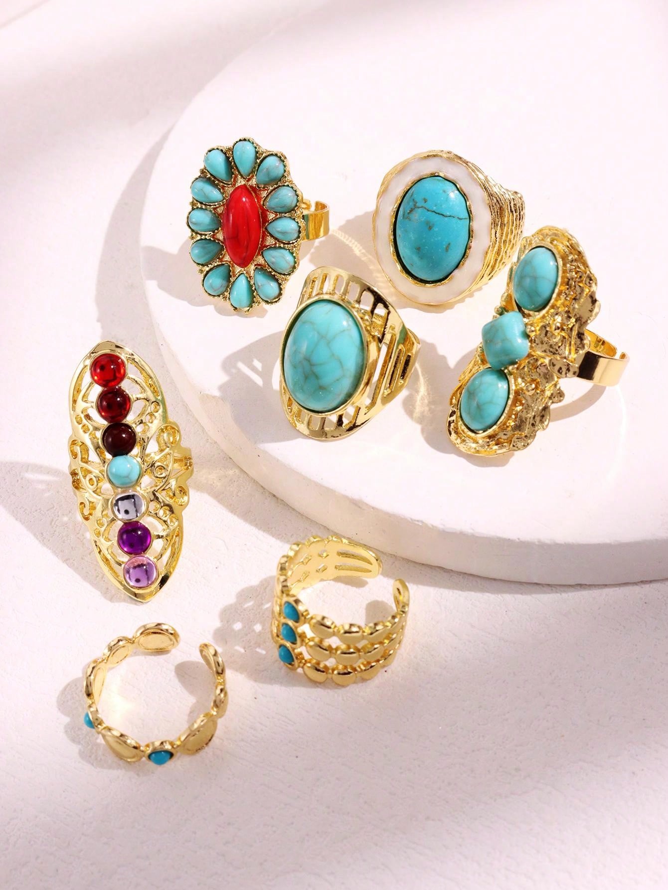 Women's Fashionable Vintage Turquoise Gold Tone 7-Piece Ring Set