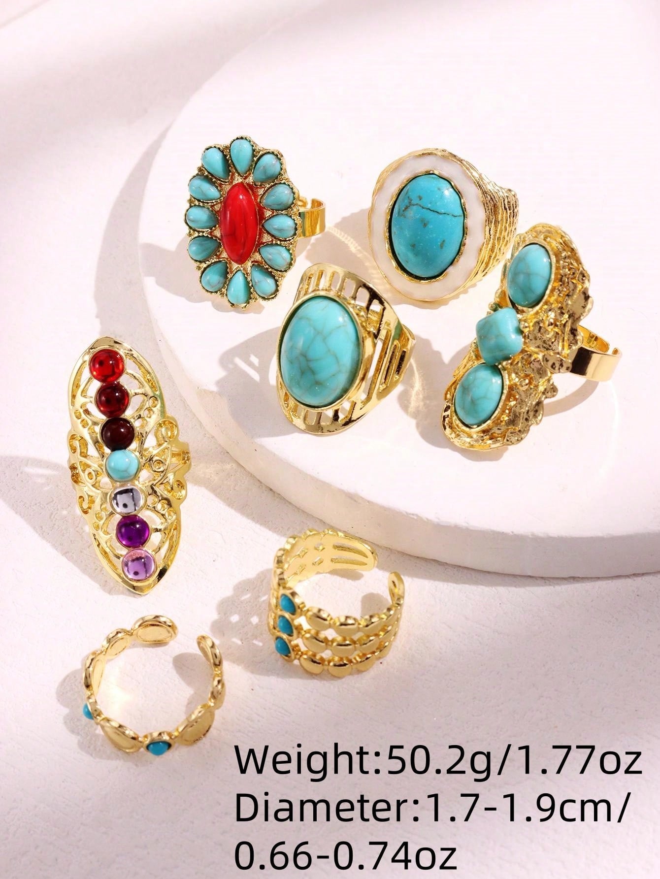 Women's Fashionable Vintage Turquoise Gold Tone 7-Piece Ring Set
