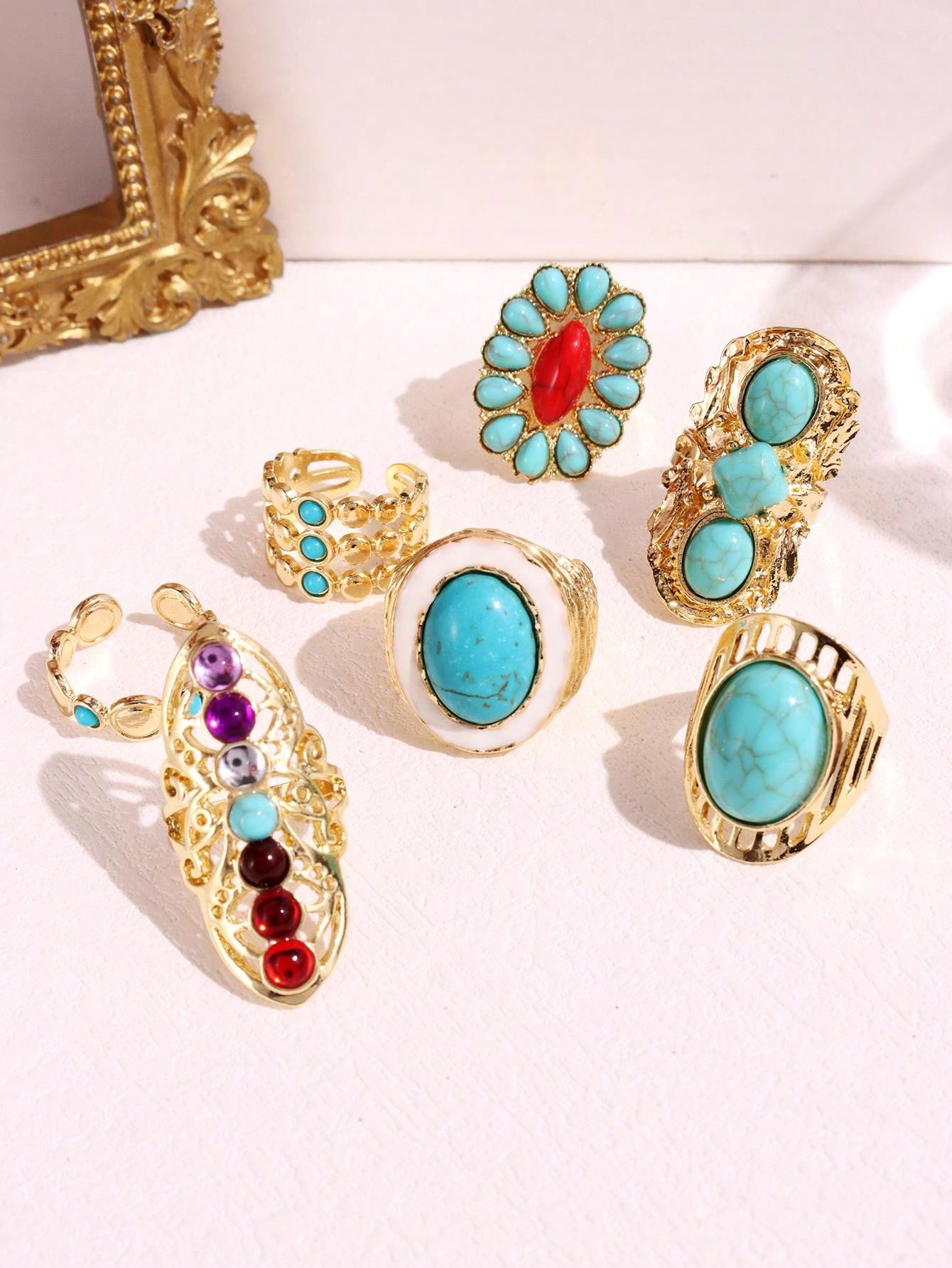 Women's Fashionable Vintage Turquoise Gold Tone 7-Piece Ring Set
