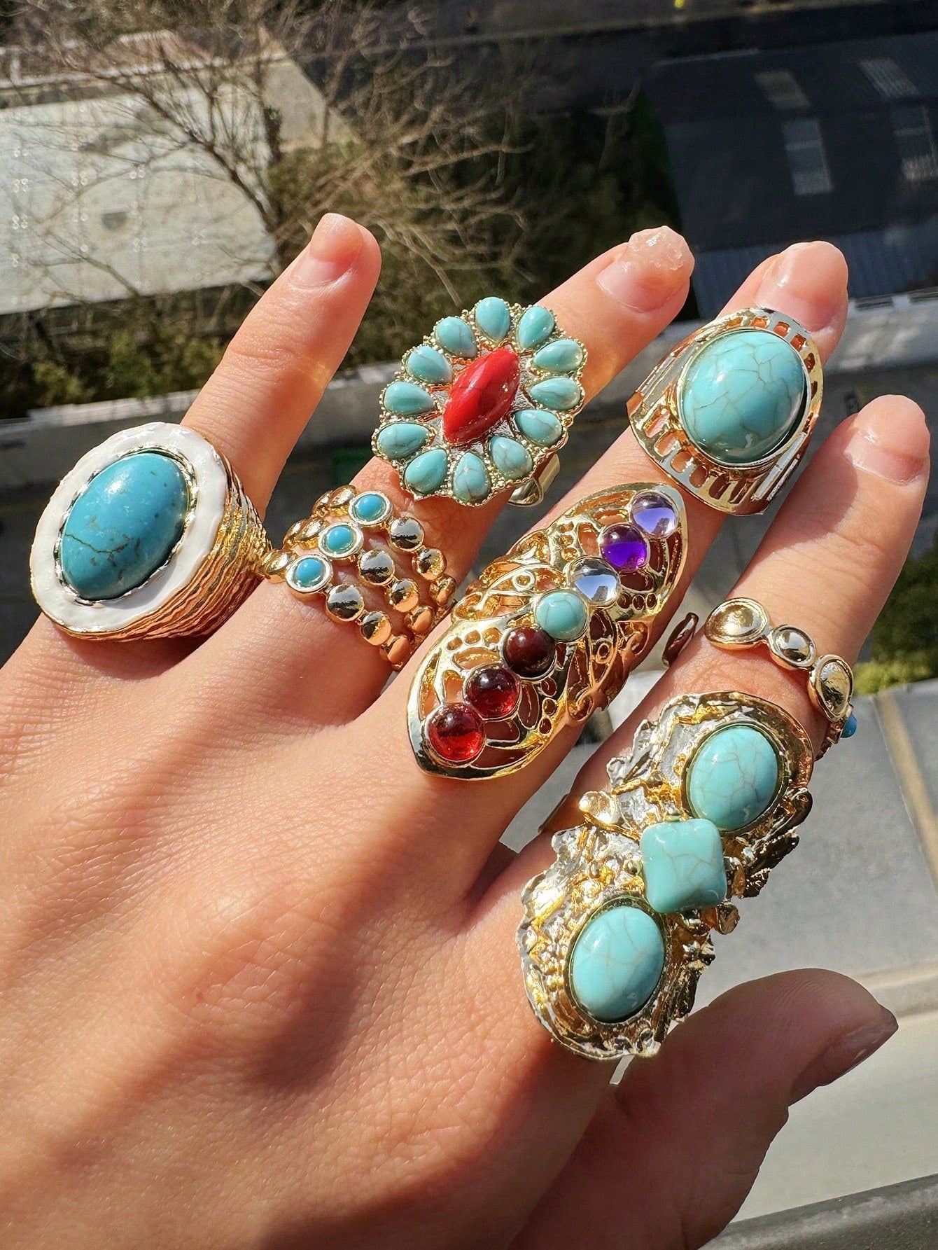 Women's Fashionable Vintage Turquoise Gold Tone 7-Piece Ring Set
