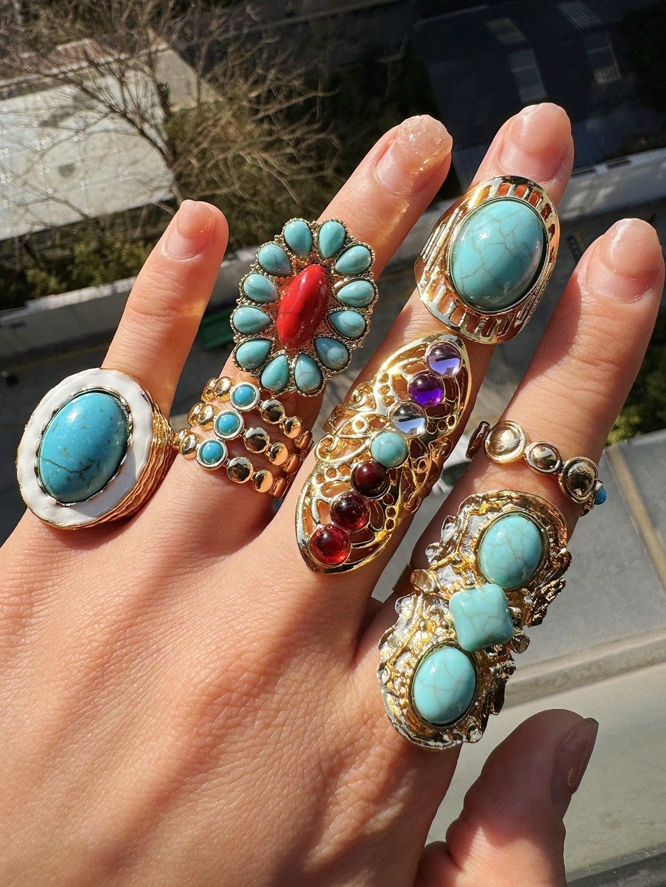 Women's Fashionable Vintage Turquoise Gold Tone 7-Piece Ring Set