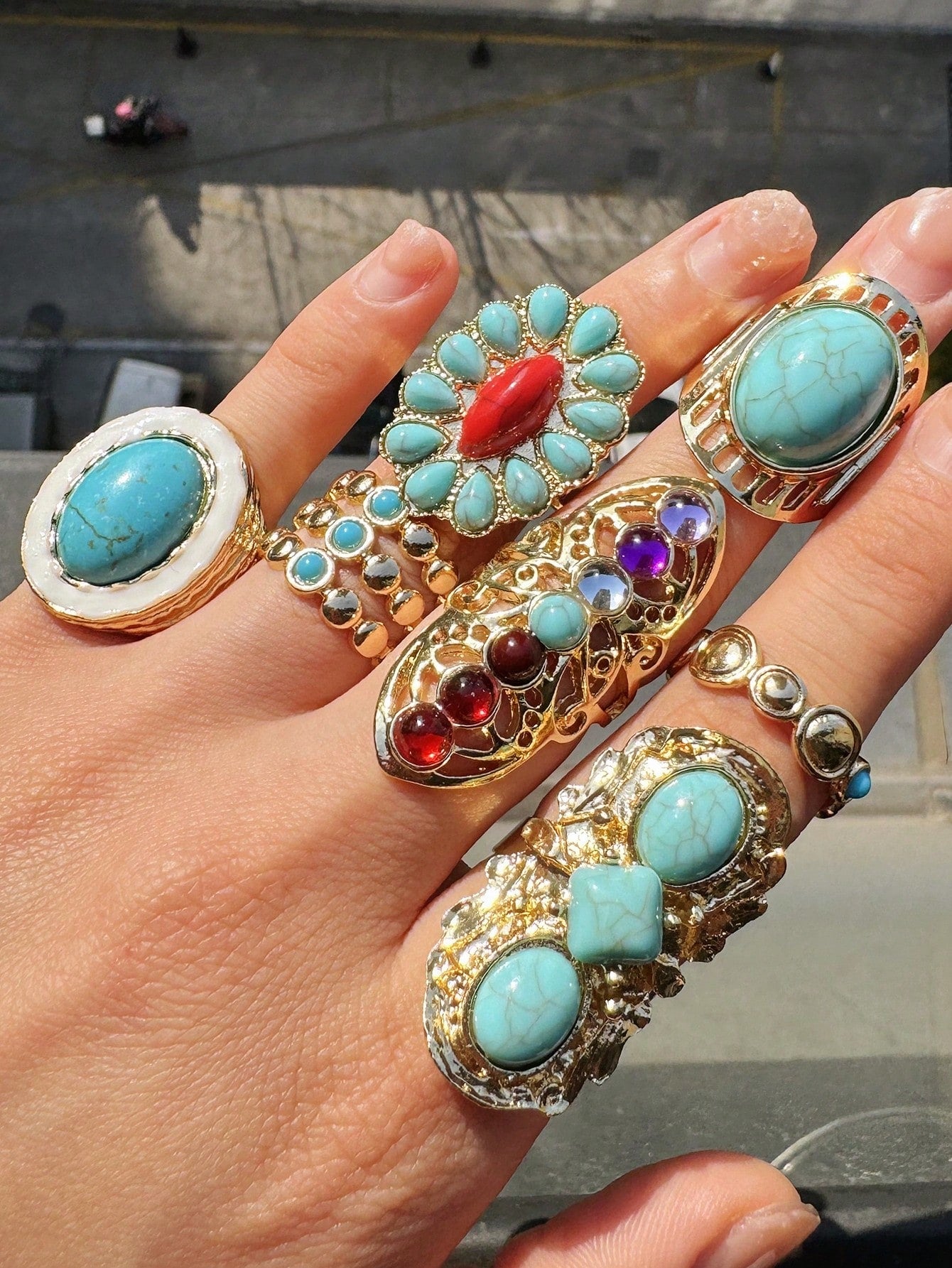 Women's Fashionable Vintage Turquoise Gold Tone 7-Piece Ring Set