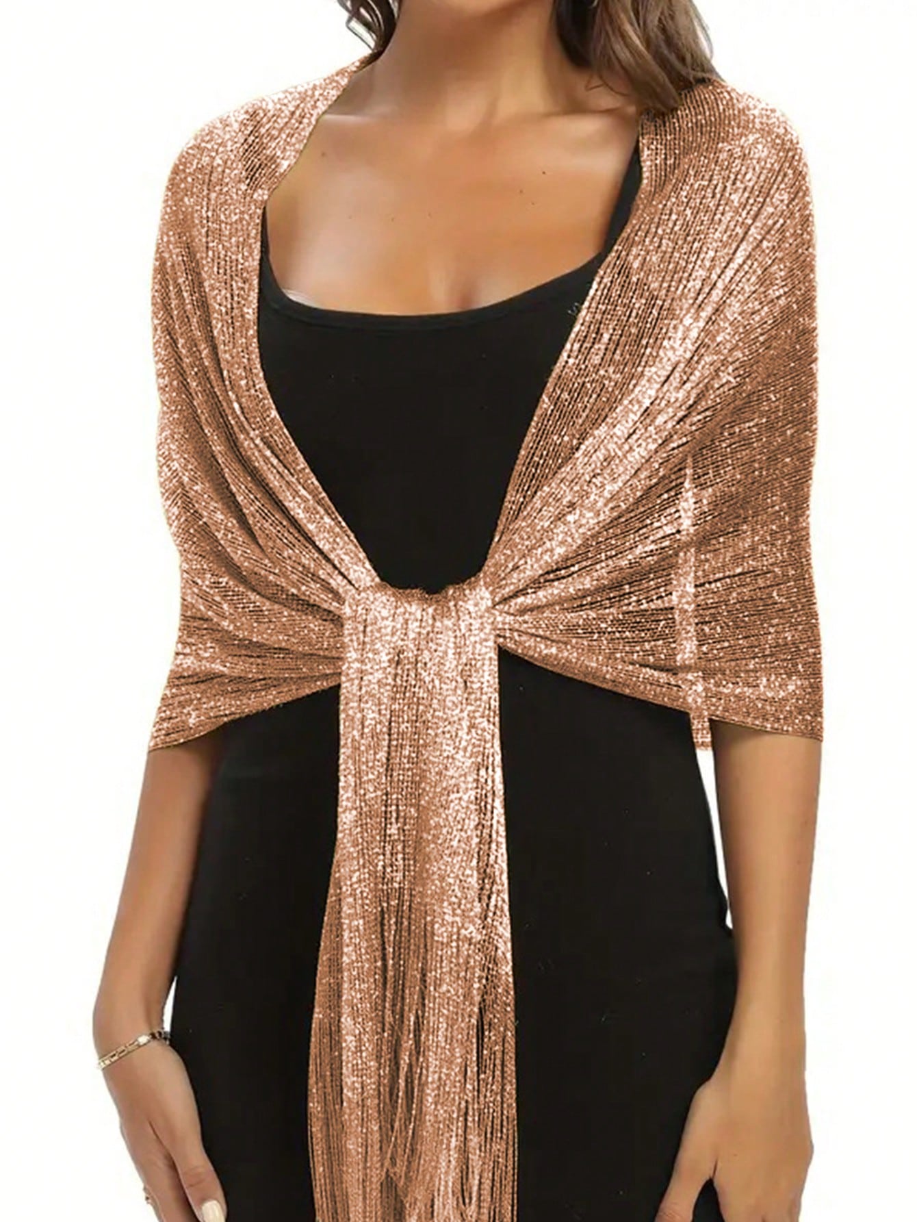 Women's Elegant Champagne Gold Shiny Tassel Shawl