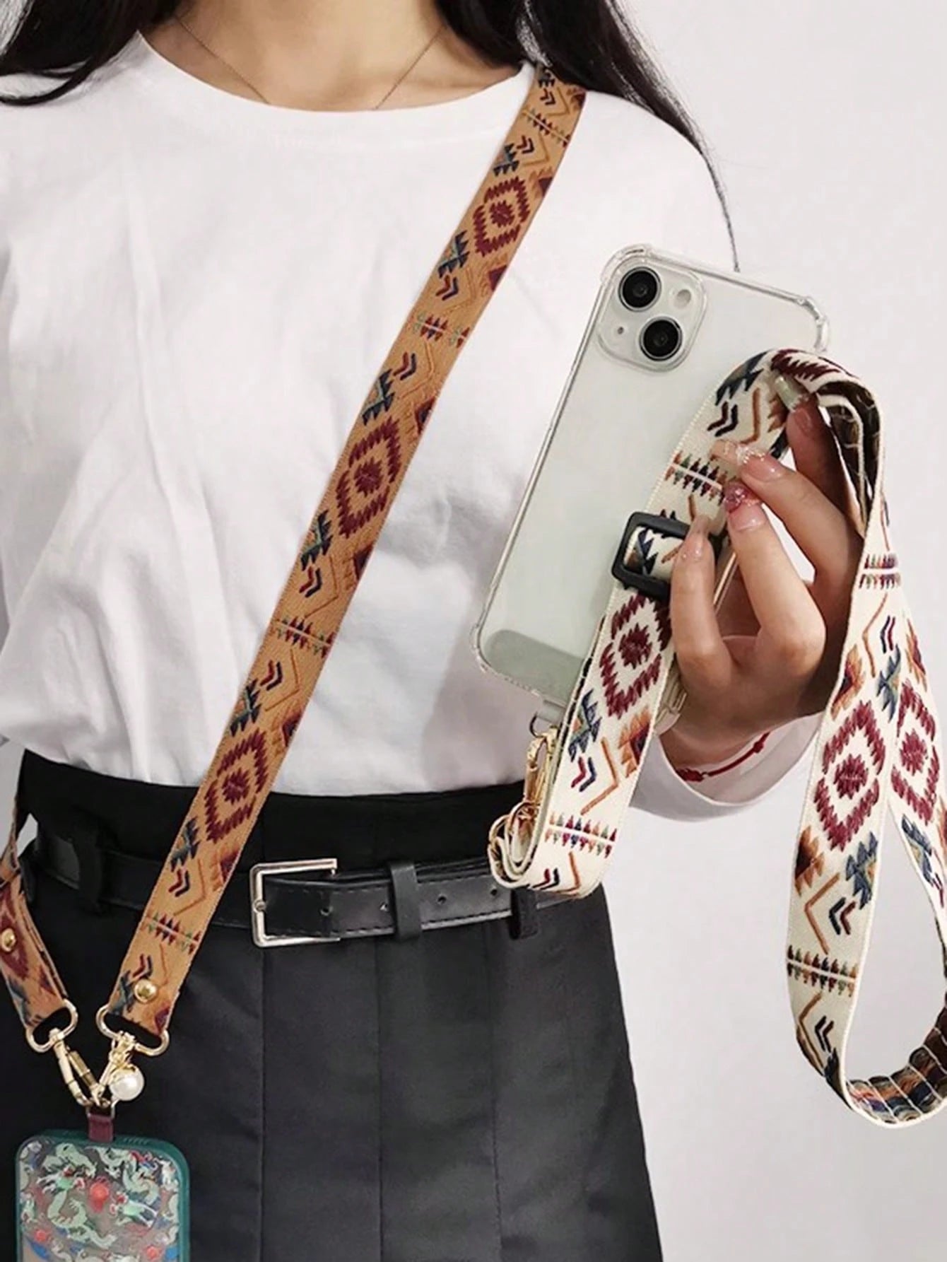 Unisex Vintage Crossbody Phone Lanyard Strap with Pearl Charm
