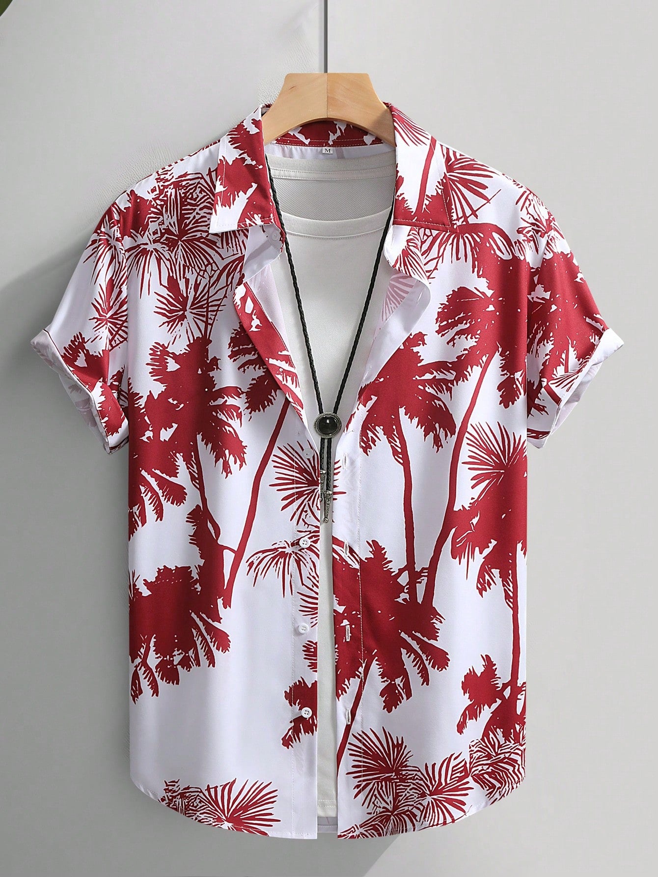 Men's Palm Tree Print Casual Shirt Short Sleeve Red
