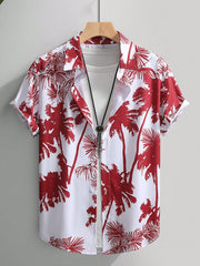 Men's Palm Tree Print Casual Shirt Short Sleeve Red