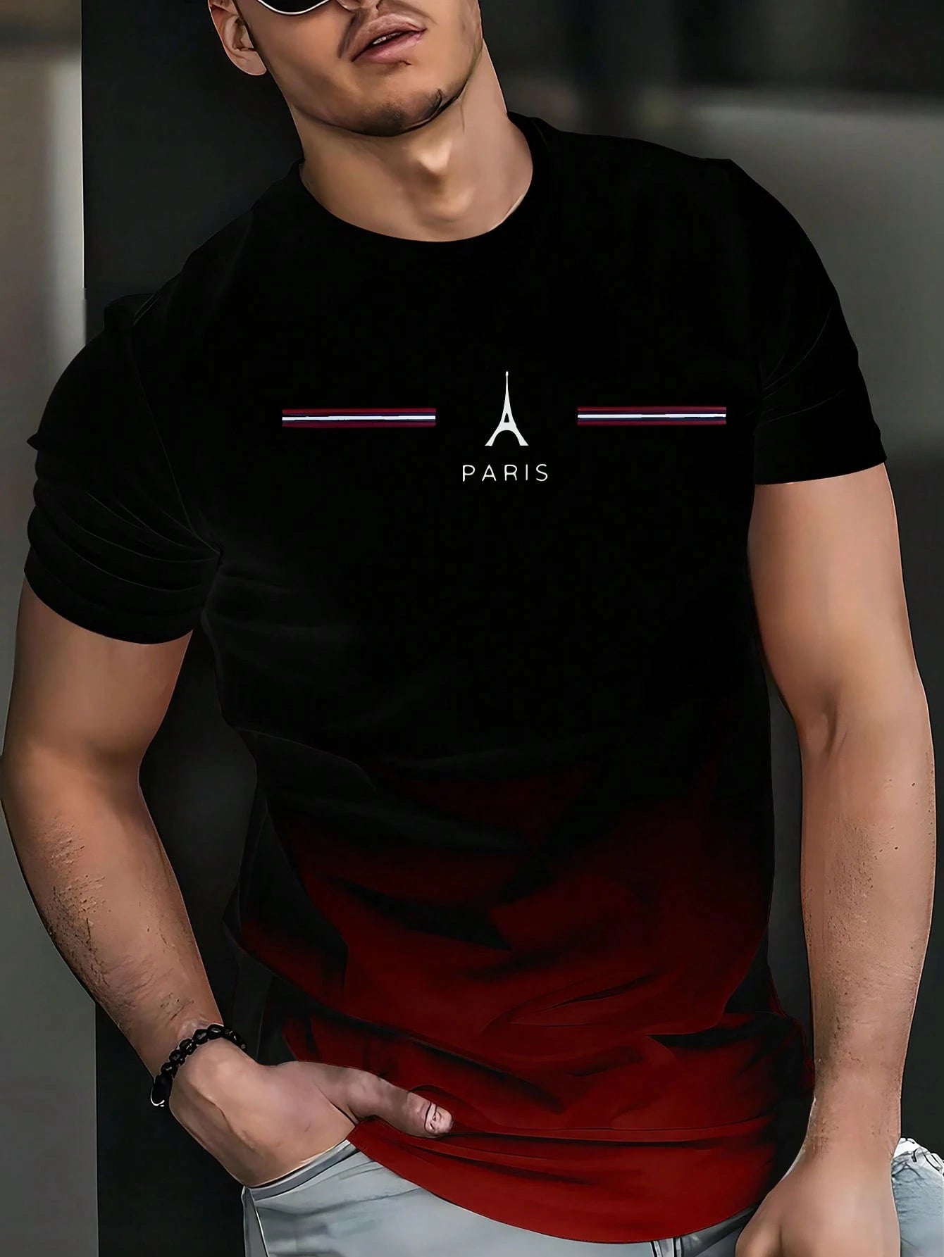 Men's Paris Eiffel Tower Print Gradient Casual Crew Neck T-Shirt