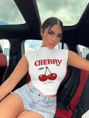 Women's Casual Asymmetric Cherry Graphic T-Shirt